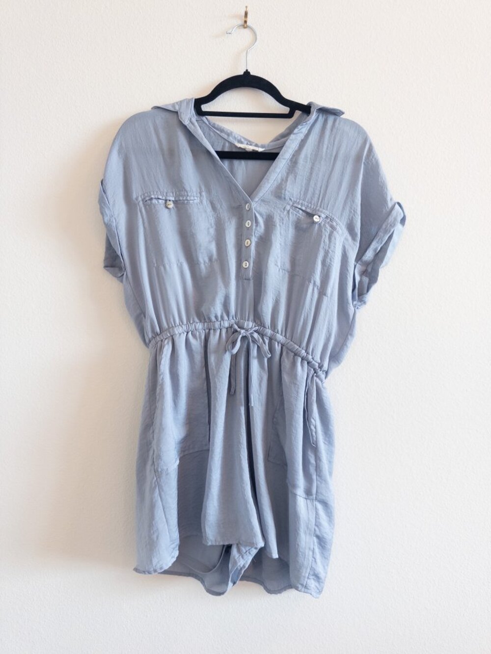 Boutique Satin Romper Adjustable Waist Relaxed Fit in Light Blue, Size Medium